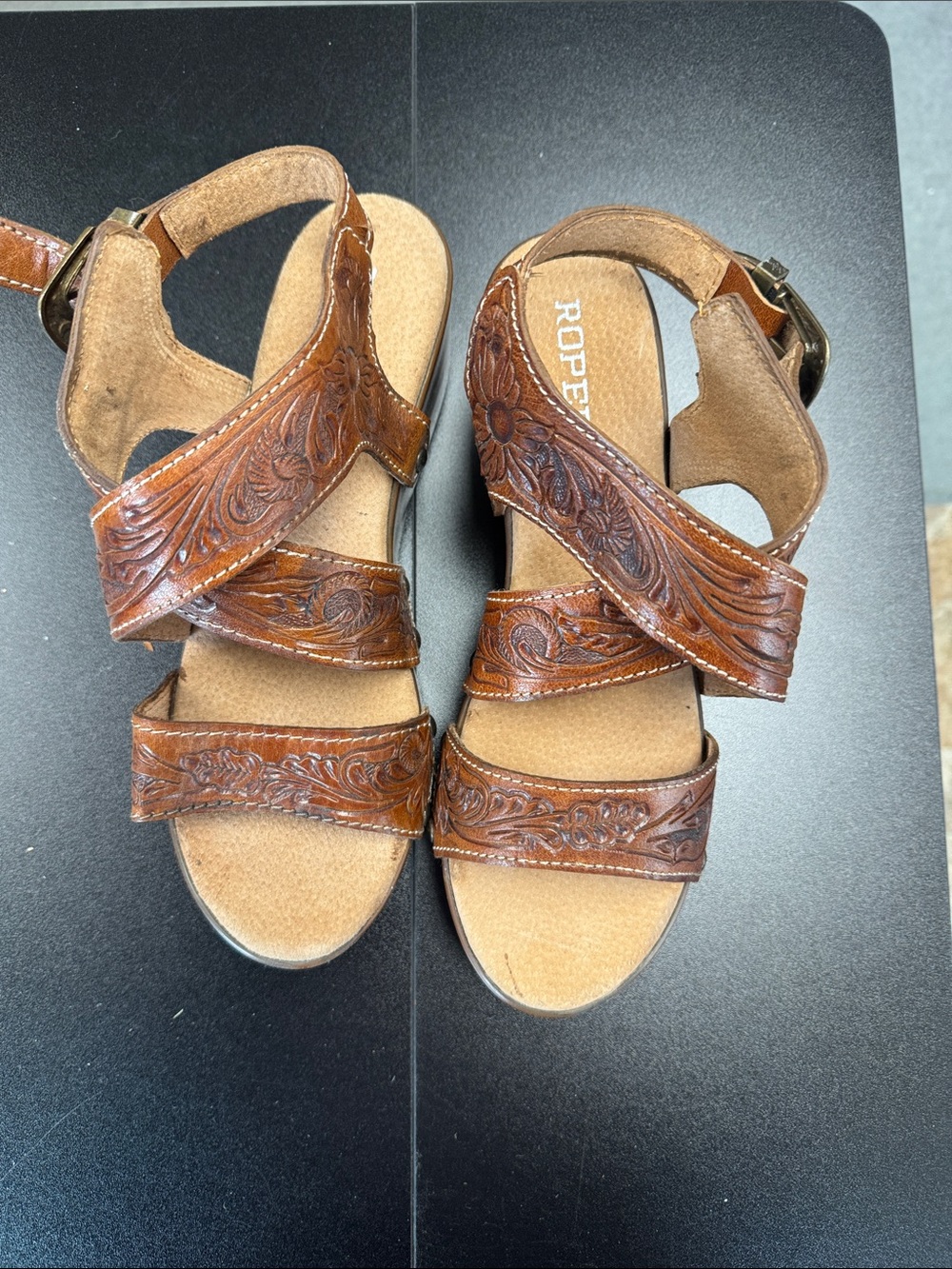 Roper Brown Tooled Leather Adjustable Strap Sandals